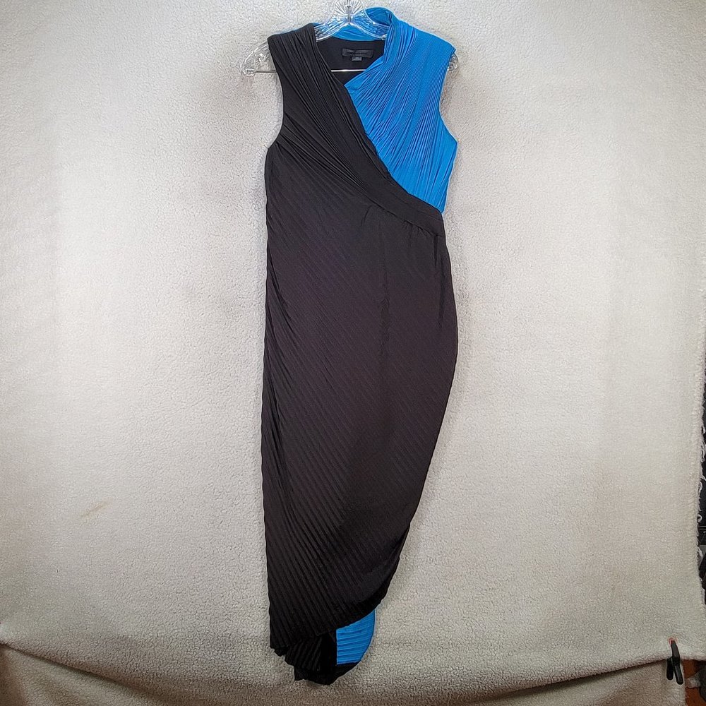 Alexander Wang Blue Black Pleated High Neck Draped Ruched Evening Luxe Maxi